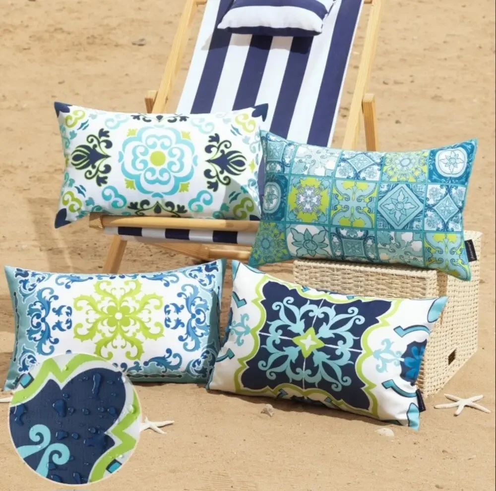 Phantoscope 4pk Geometric Boho Outdoor Pillows Covers Blue/Green 12x20 Inches